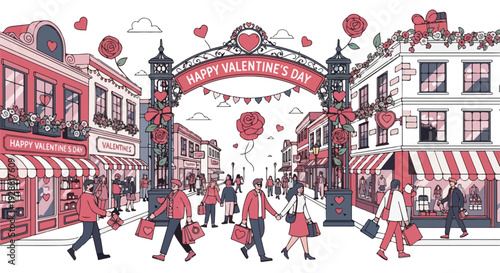 A bustling street scene on Valentine's Day, filled with shoppers