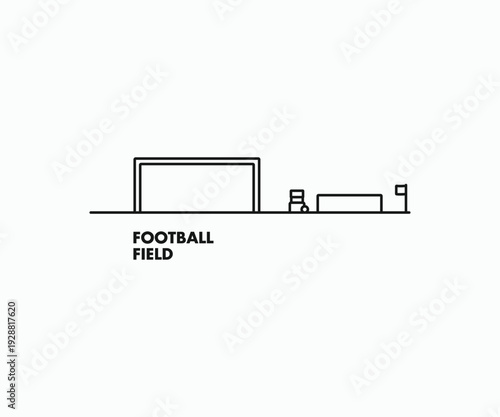 Minimal football field logo design with goalposts ballboy chair and corner flag linear style vector illustration