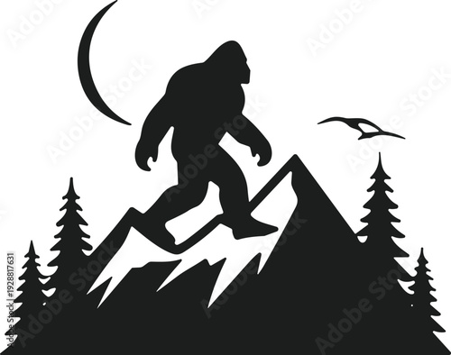 Bigfoot silhouette walking on mountain ridge with pine trees, crescent moon, and bird, folklore cryptid wilderness vector artwork design