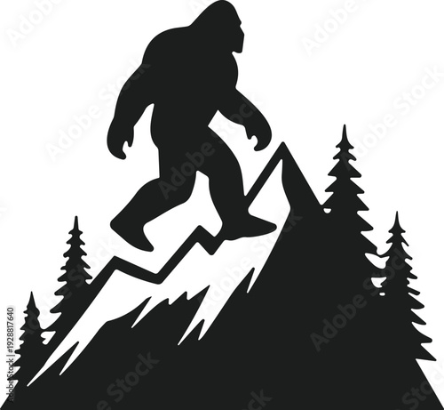 Bigfoot silhouette walking on mountain peak with pine trees, folklore cryptid illustration, wilderness mystery vector artwork design element