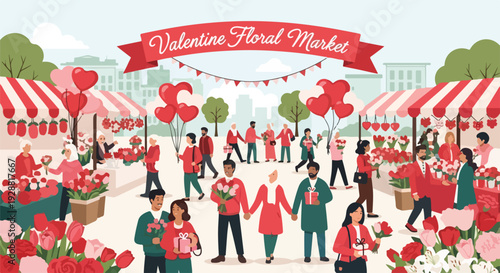 A busy Valentine's Day floral market scene with people and flowers