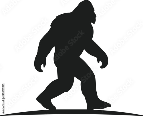 Bigfoot silhouette walking with hunched posture on ground line, folklore cryptid illustration, wilderness mystery vector artwork design element