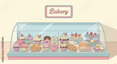 Colorful bakery display case filled with assorted pastries and desserts.