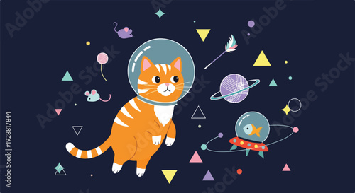 A cartoon cat in space, surrounded by planets, fish, and shapes