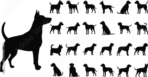 Dog silhouettes illustration, twenty one black animal profiles, vector art collection, diverse breeds design, wildlife motif, nature artwork, decorative graphics