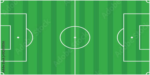 Soccer field vector illustration. Green grass pitch with white lines, goals, and corner markings for football games and competitions.Eps10