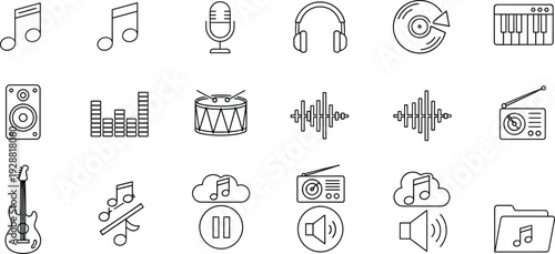 Music and Audio Line Icons Set with Notes, Microphone, Headphones, Speaker and Sound Wave Symbols Isolated on White Background