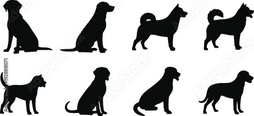 Dog vector illustration, eight silhouette designs, sitting and standing poses artwork, decorative animal clipart, pet inspired graphic collection