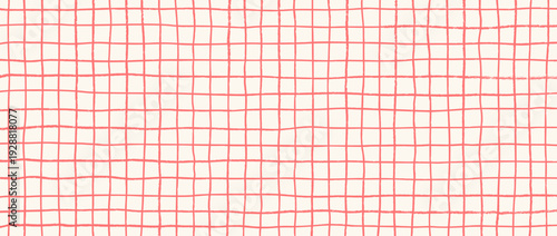 Hand drawn square grid pattern. Red doodled checkered background. Sketched thin checker paper texture. Lined planer page wallpaper. Pen drawn journal sheet notebook template. Vector 