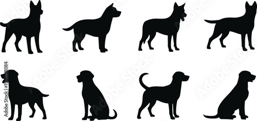 Dog vector illustration, eight silhouette designs, standing and sitting poses artwork, decorative pet clipart, animal inspired graphic collection