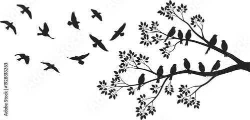 Birds perched on tree branch silhouette with flying flock, freedom concept, nature illustration, wildlife vector, migration, departure, change, dynamic composition