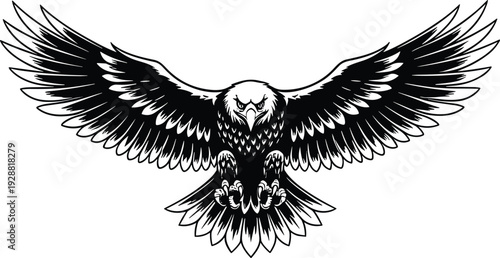 Eagle silhouette vector illustration in flight with spread wings, fierce expression, extended talons, symbol of strength, freedom, vigilance artwork