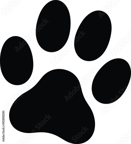 Animal paw print silhouette with four toes and central pad, bold abstract vector illustration, symbolic pet and wildlife design concept