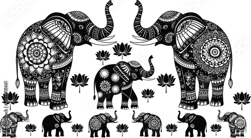 Elephant silhouettes with lotus flowers, mandala decorative design, cultural art vector illustration, symmetrical wildlife pattern, ornamental animal clipart