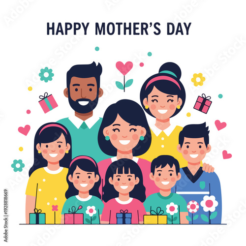 A cartoon illustration of a happy family celebrating Mother's Day