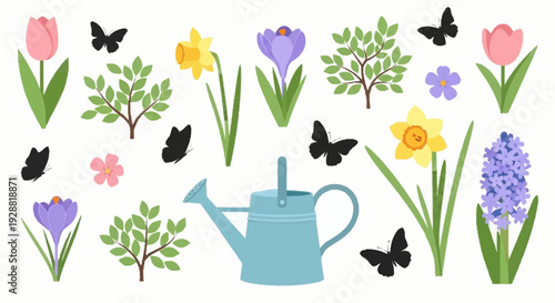 Colorful Spring Garden Elements with Flowers Butterflies and Watering Can for Nature Lovers and Garden Enthusiasts