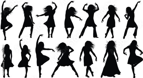 Black silhouette vector illustration of fifteen dancing women in dynamic poses, flowing hair and dresses, expressive artistic movement
