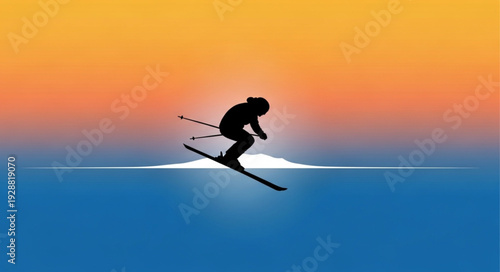Silhouette of a skier jumping against a vibrant sunset sky.