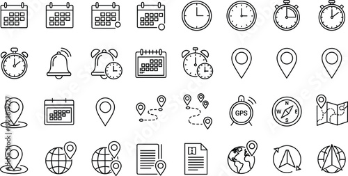 Calendar, Alarm Clock and GPS Location Line Icons Set with Map Pins, Globe, Navigation and Time Management Vector Collection