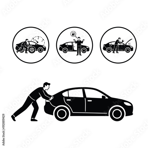 Automobile transportation design illustration of a man driving motor vehicle on the road as a symbol of speed and problem logo design