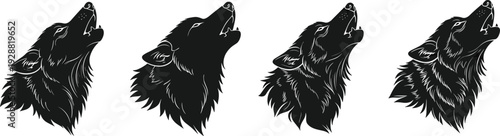 Four howling wolf heads illustration, black vector art, detailed fur texture design, wildlife animal motif, nature artwork, decorative graphics, artistic inspiration