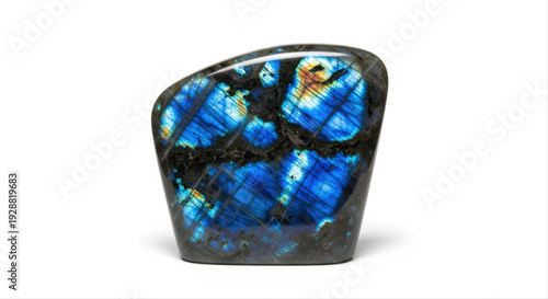 Vibrant labradorite slab with iridescent blue hues isolated on a pristine white background, showcasing its polished surface and natural mineral patterns