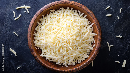 Grated premium cheddar cheese isolated on blue background. Fresh grated cheese for toppings and cooking