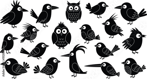 Bird vector illustration, black silhouettes with unique beak and feather styles including owl designs, wildlife nature decorative art