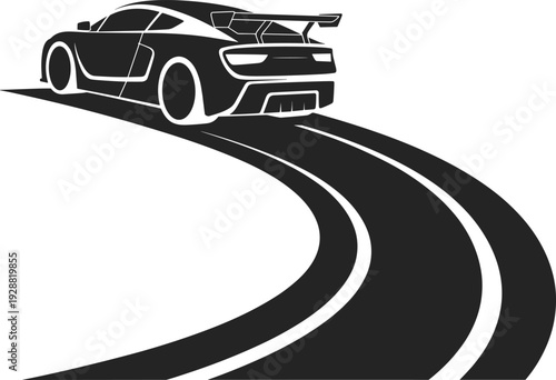 Sport car racing silhouette illustration, fast supercar driving on curved road, speed motion performance concept, minimal black white vector design