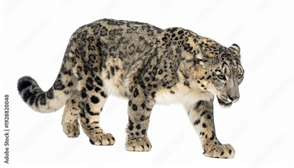 Fototapeta premium A majestic snow leopard walks towards the right against a white background, showcasing its spotted fur.