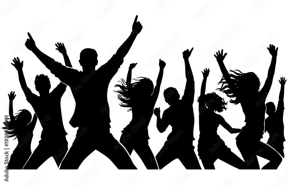 Fototapeta premium A dynamic vector silhouette of a cheering crowd of young people dancing and celebrating. This energetic group illustration captures the excitement of a music festival, concert, or party