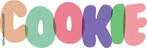 Colorful stylized word cookie in pastel shades with shadows overlay on transparent background, fun playful design