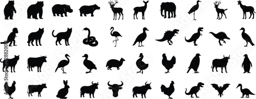 Black animal silhouettes in diverse species grid, abstract wildlife pattern design, creative zoology artwork, modern vector illustration, artistic composition background