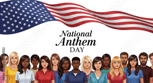 Diverse group of people standing together under a waving American flag on National Anthem Day in the USA with a patriotic mood.