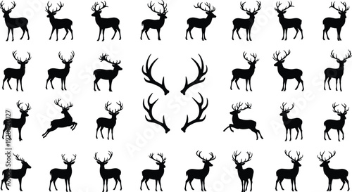 Black deer silhouettes with antlers, leaping figures, abstract wildlife pattern grid, creative animal design, modern vector illustration, artistic composition