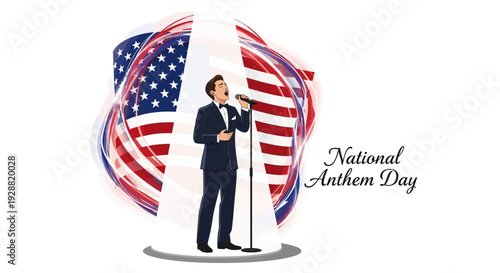 Illustration of a man in a suit singing into a microphone on National Anthem Day with a stylized American flag background and patriotic theme.