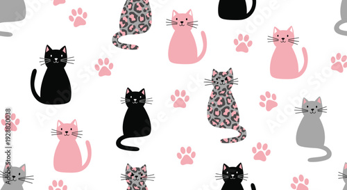 Cartoon cats vector illustration, playful paw prints artwork, colorful feline design, decorative animal clipart, whimsical pattern for textiles