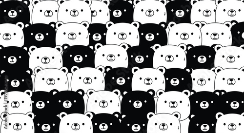 Cartoon bear faces pattern, black and white animal illustration, cute wildlife vector design, playful bear clipart, children art, seamless background