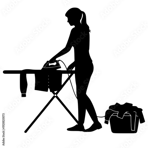 A black silhouette of a woman ironing clothes on a folding board. The vector illustration features a laundry basket filled with garments and a steam iron