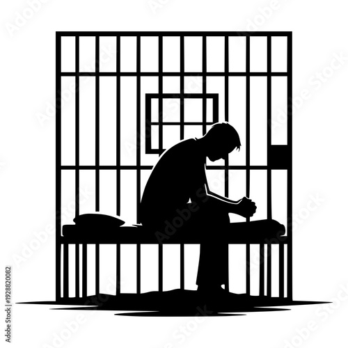 Black silhouette of a lonely prisoner sitting on a bed in a jail cell. Depressed man behind bars in a prison cell