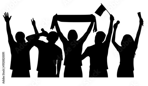 Vector silhouette of enthusiastic sports fans cheering with a scarf, flag, and megaphone. Group of supporters celebrating a victory or goal at a stadium or arena match.