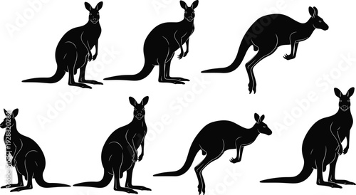 Black kangaroo silhouettes in dynamic poses, standing and jumping positions, abstract wildlife grid design, creative animal artwork, modern vector illustration background