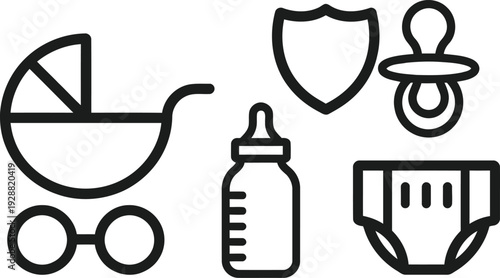 Essential Baby Collection: A delightful arrangement of essential baby items, meticulously illustrated, symbolizing care and protection for infancy.