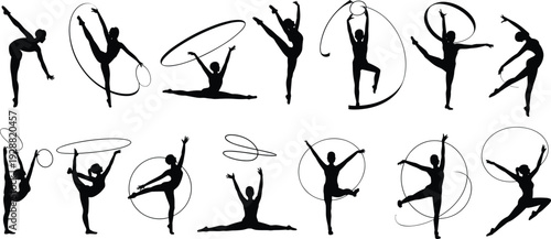 Rhythmic gymnastics silhouette illustration set, graceful female athletes performing ribbon hoop routines, elegant sport dance poses, black white vector collection