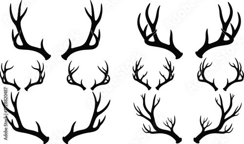Deer antlers vector illustration, twelve silhouette designs, wildlife artwork collection, decorative nature inspired clipart, rustic emblem graphics