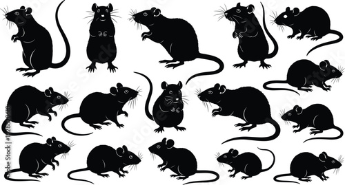 Black rat and mouse silhouettes in various poses, abstract rodent grid pattern, creative animal design, modern vector illustration, artistic composition background
