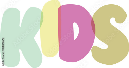 Kids word written in colorful bubbly font featuring pastel green yellow pink and tan overlapping letters for children art