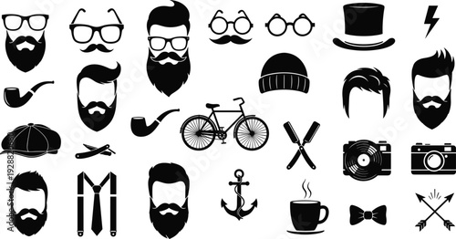 Hipster Silhouette Icons Set with Beards, Mustaches, Glasses, Hairstyles, Bicycle, Camera and Vintage Gentleman Accessories Vector Collection