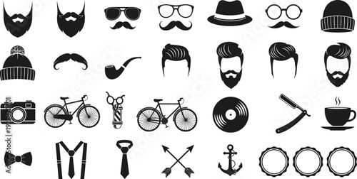 Hipster Vintage Icons Set with Beard, Mustache, Glasses, Bicycle, Camera, Coffee Cup and Retro Gentleman Accessories Vector Collection