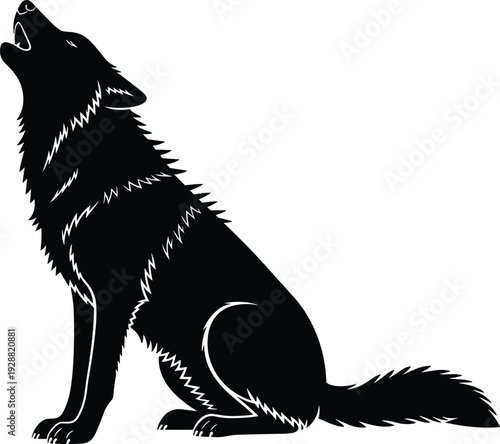 Howling wolf silhouette, wild animal vector illustration, wilderness predator symbol, nature design, tribal art, cultural folklore inspiration